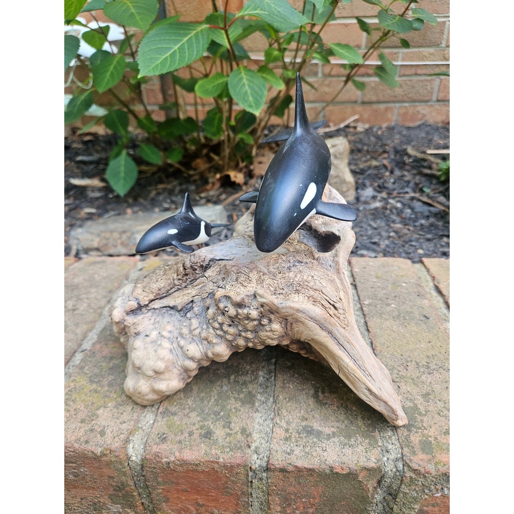 Vintage John Perry Orca Whale Mother & Calf Sculpture On Burl Wood - Picture 5 of 13